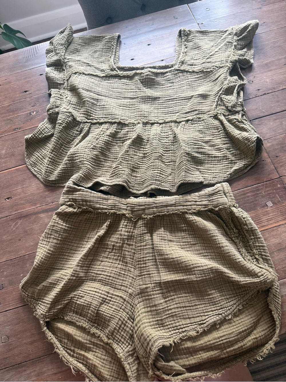 Anthropologie Women's Olive Green Gauze Ruffle Sleeve Top and Shorts Set